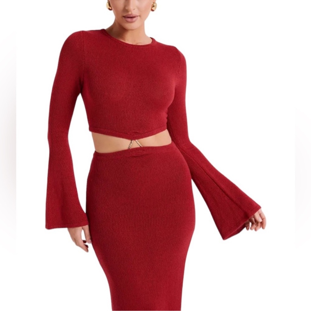 Meshki - Chic Red Knit Crop Top and Skirt Set